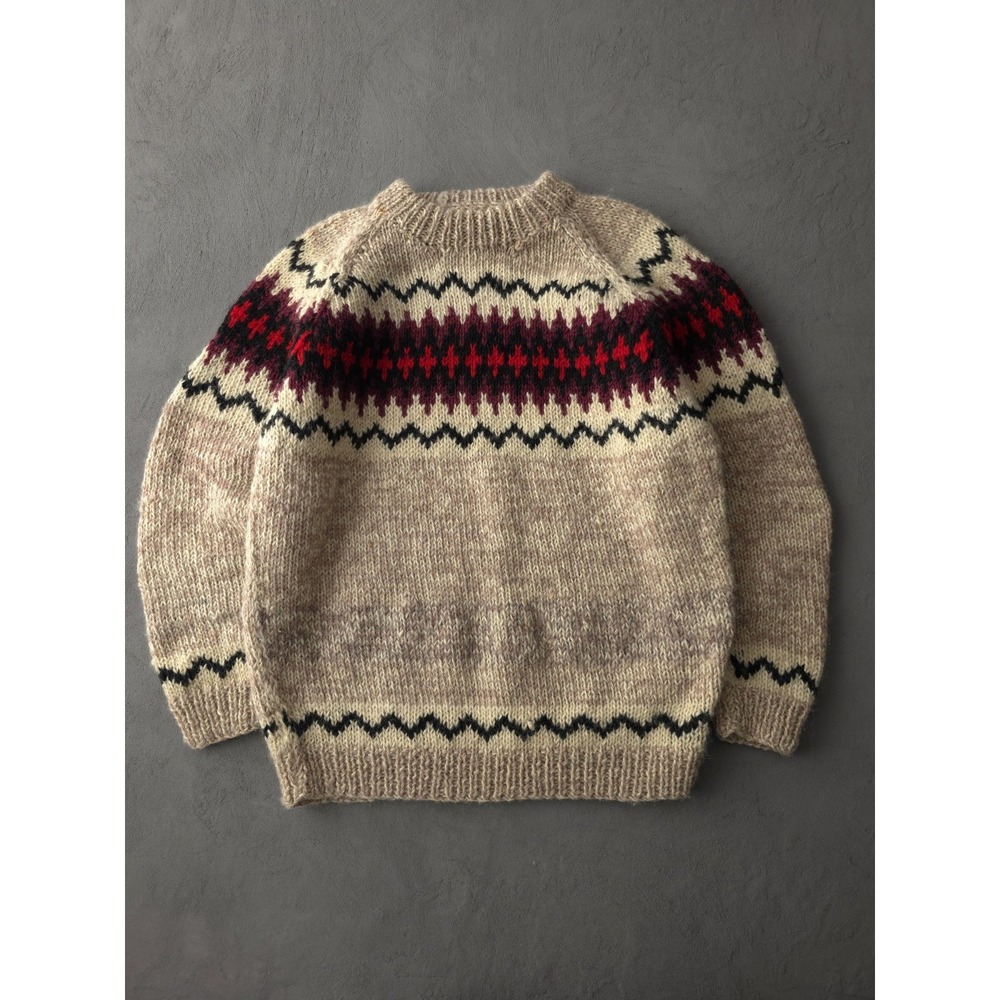 Vintage Handmade Geometric Nordic Style Beige Wool Knit Crewneck Sweater L